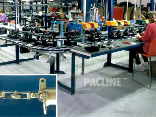 Inverted, floor mounted PAC-LINE™ Conveyor system for assembly of electronic parts.
