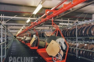 Custom carries built to move bicycles through assembly on PAC-MAX overhead conveyor system.