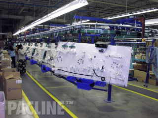 Automotive wire harness transported through assembly process on enclosed track overhead conveyor.