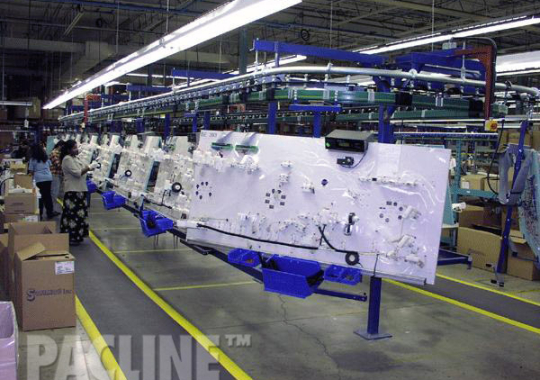 Automotive wire harness transported through assembly process on enclosed track overhead conveyor.