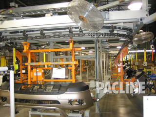 Assembly of automobile bumper fascia on I-Beam monorail conveyor.