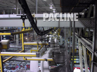 Transfer line for automobile bumper fascia using multi-level I beam overhead conveyor.