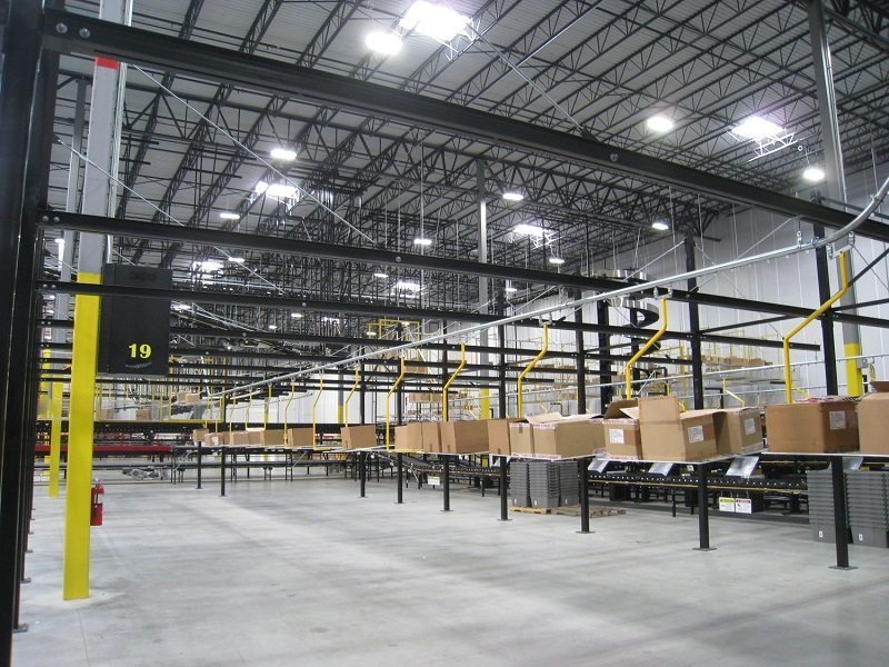 Overhead monorail conveyor for delivery and removal of corrugated cartons in distribution center.
