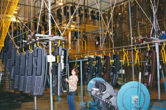 Overhead conveyor system for instrument panels.