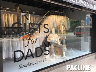 A closer look at the PAC-LINE™  overhead conveyor used in The Hudson&#039;s Bay creative display.