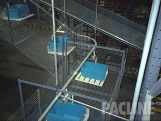 Delivering plastic totes to multi-leveled pick module, tray carriers and basket guarding, the PAC-LINE overhead conveyor.