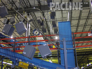 Returning totes to tote loading areas, the PAC-LINE™ enclosed track overhead conveyor.