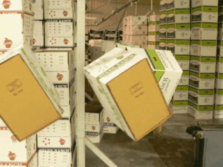 Cartons are transported on single hook carriers using a PAC-LINE™ overhead conveyor system.