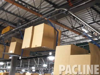 Empty carton delivery to order picking areas in distribution warehouse with multiple drives.