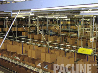 Enclosed track overhead conveyor system deliverers empty cartons to light packing area.