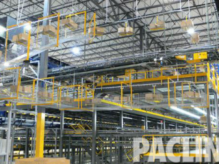 PAC-LINE chain conveyor delivers cartons to order pickers working on various levels of a large distribution center.