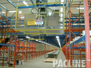 Empty carton delivery to two level picking module in distribution warehouse. Over 4000 feet of overhead conveyor in facility.