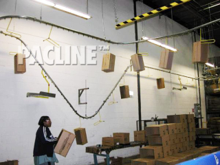 The PACLINE enclosed track overhead conveyor moving empty cartons on single hook.