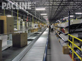 Empty carton delivery to three level picking module in distribution warehouse. Same system used to remove trash.