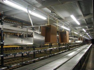 empty carton delivery and corrugated trash removal conveyor system
