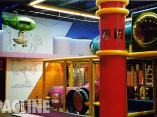 Decorative hot air balloons entertain children as they are conveyed nonstop around this restaurant and playground.