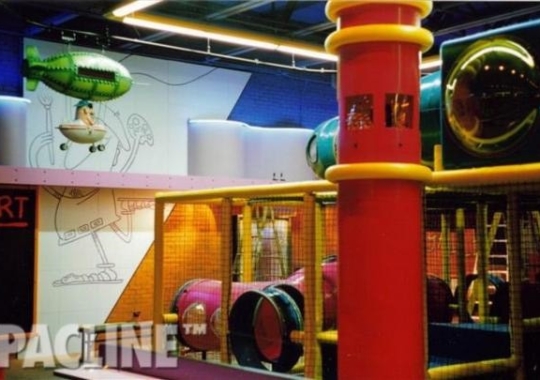 Decorative hot air balloons entertain children as they are conveyed nonstop around this restaurant and playground.