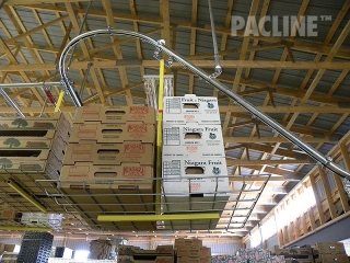 Boxes transported overhead in fruit packing shed.