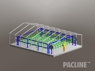 Overhead conveyors designed to handle hanging plants for high density vertical farming and greenhouse growing operations.