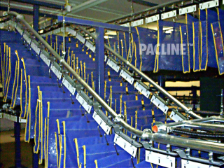 Garment bags are transported from floor level up steep incline for efficient storage in unused ceiling area.