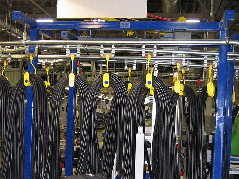 low cost, non-powered, space saving conveying alternative for the accumulation and transfer of parts between two work stations.