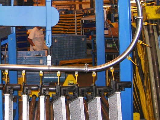 Photos of gravity assisted and over/under conveyor systems.