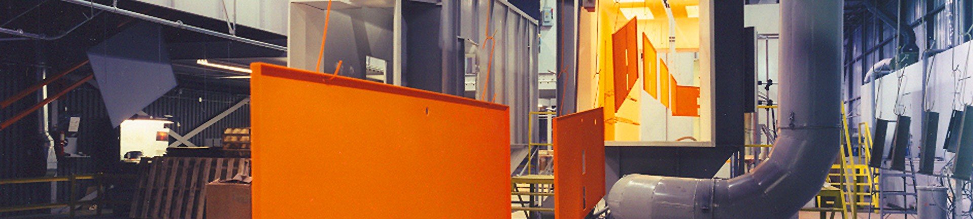 Powder coating overhead conveyor line Overhead conveyor automates powder coating line and saves labor costs compared to a batch handling system.