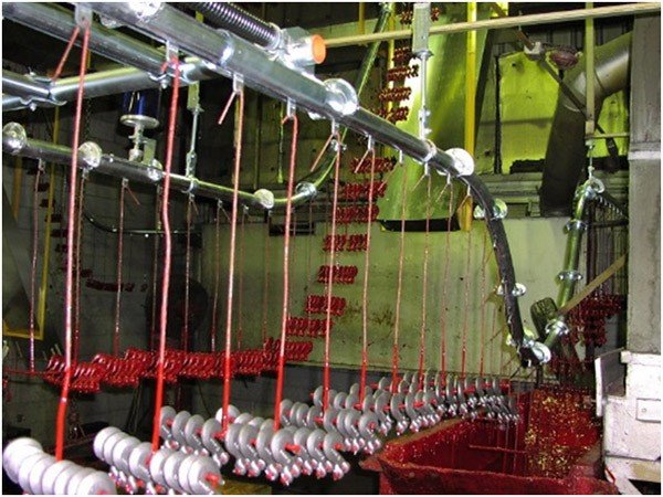Overhead conveyor dip line for small parts finishing.