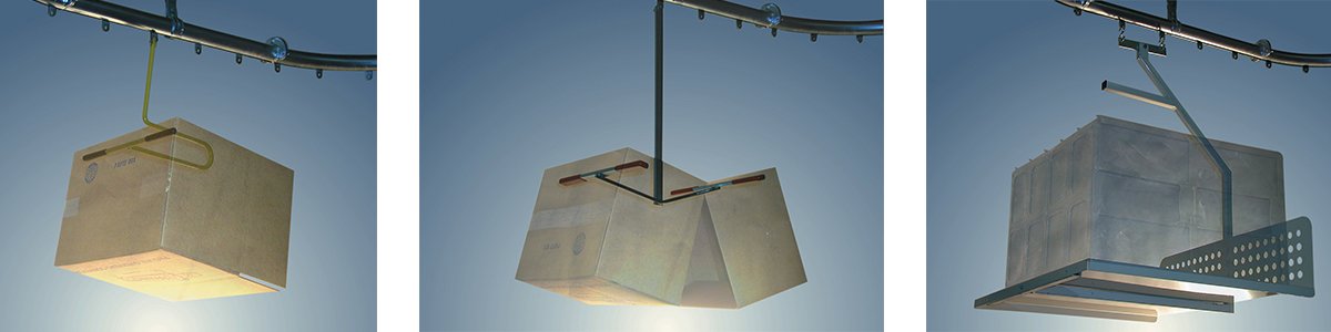 Pacline overhead conveyor (monorail) carriers for empty cartons