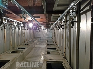 Overhead paint conveyor for a powder coating line.