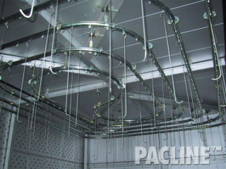 The maze of overhead conveyor demonstrates a highly efficient use of Pacline straight track and curves.
