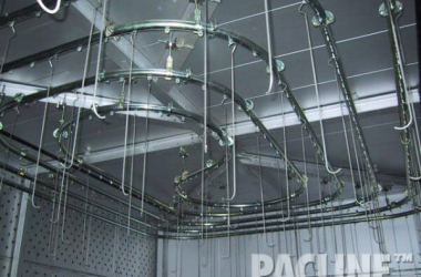 The maze of overhead conveyor demonstrates a highly efficient use of Pacline straight track and curves.