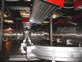 Sideways enclosed track conveyor for finishing automotive rims on rotatable spindles, S-60 heavy duty conveyor.