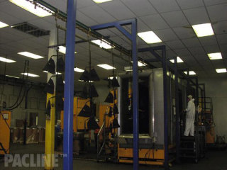 Powder coating of BBQ parts with multiple position load bars on 3 inch I-beam overhead conveyor.