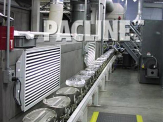 This enclosed track automotive finishing line is used to convey parts through the paint spraying and curing processes.