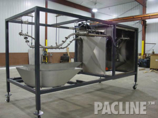 Overhead conveyor dip finishing line on rolling structure with tight radius curves to minimize size of unit.