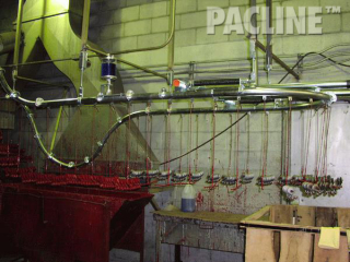 Dip paint finishing of lifting hooks in confined area using The PAC-LINE™ enclosed track overhead conveyor.