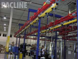 Power and Free overhead conveyor for spray paint finishing of pneumatic and hydraulic cylinders.