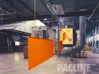 Powder coat finishing of panels for metal cabinets using the PAC-LINE™ overhead conveyor system.