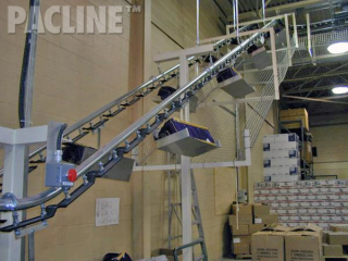 Moving bottle bags from warehouse to assembly line onto using overhead conveyor system.