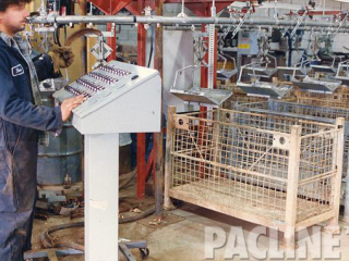 Overhead conveyor system for re-manufacturing of automotive brake shoes, pads, calipers, water pumps, etc.