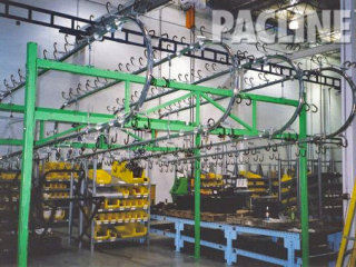 Gravity over and under conveyor with double hooks for buffering frames used to manufacture man lifts.