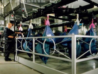 PAC-MAX overhead conveyor is used for mail bag handling and sortation. Mail bags are carried using gravity clamps.