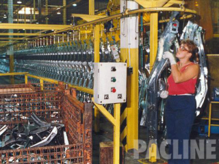 Buffer storage of automotive frames on a high density overhead conveyor system.