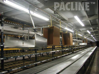Corrugate trash removal from pick module with dumping carriers. The PACLINE overhead conveyor system also delivers empty cartons.