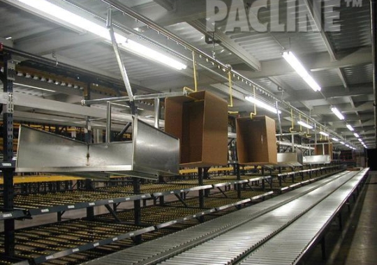 Corrugate trash removal from pick module with dumping carriers. The PACLINE overhead conveyor system also delivers empty cartons.