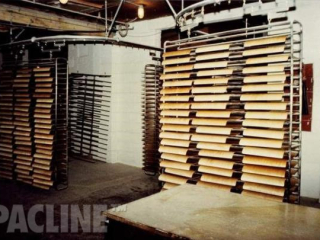 The PAC-LINE™ paint line conveyor installed with a rack handling system for handling wood chair seats.