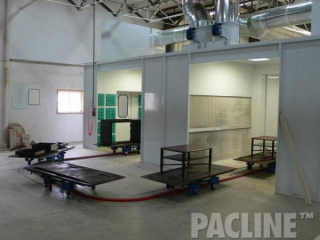 PAC-TRAK towline floor conveyor from PACLINE handles awkward furniture through paint finishing process.