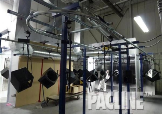 High Quality Wood Speaker Manufacturer uses the PAC-LINE™ enclosed track conveyor for their Wet Spray application.