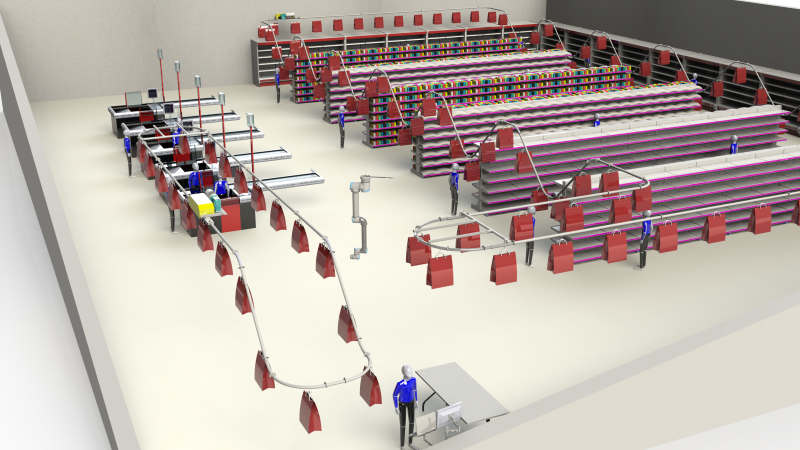 overhead conveyor for micro-fulfillment 